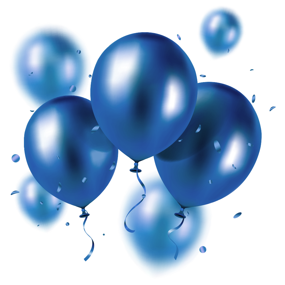 A group of shiny blue balloons with ribbons and confetti floating around them on a light background.