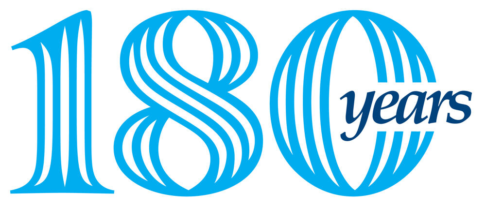 Blue stylized text reading "180 years" with “180” in large, curving lines and “years” in smaller, dark blue script to the right.