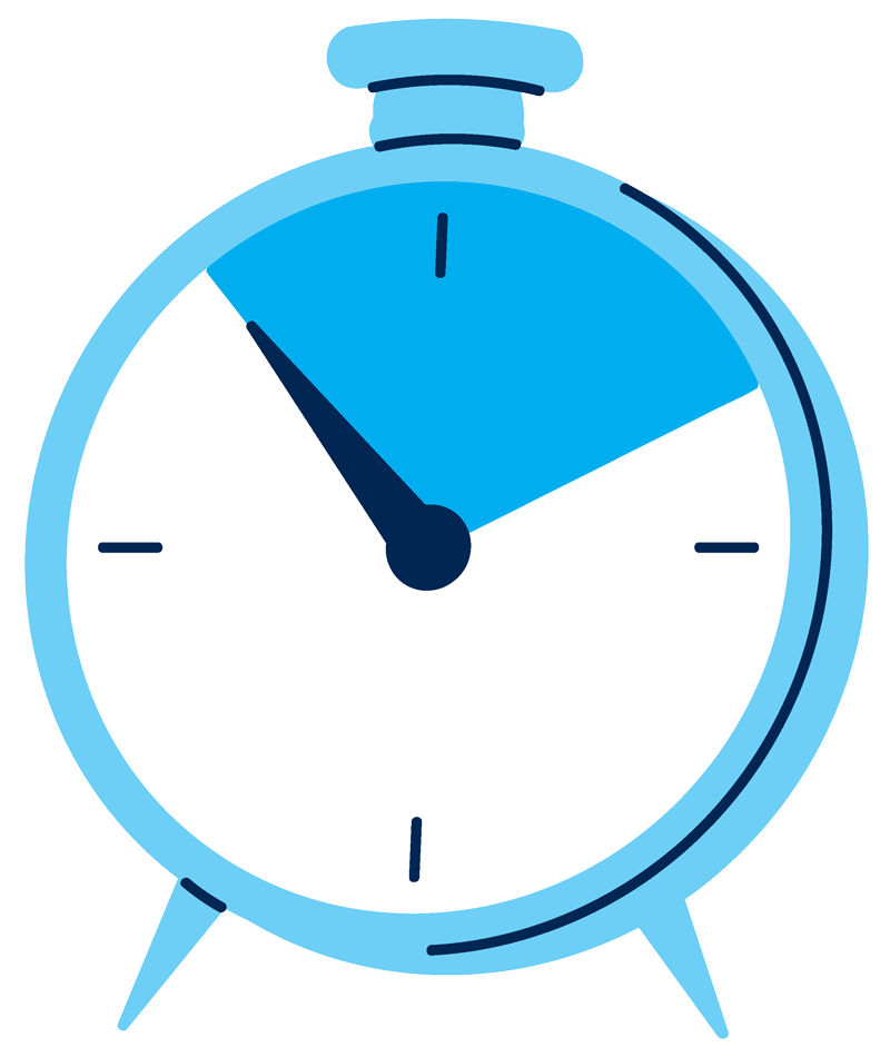 Illustration of a blue alarm clock showing the time as 10:00, with part of the clock face shaded in blue from 10 to 2.