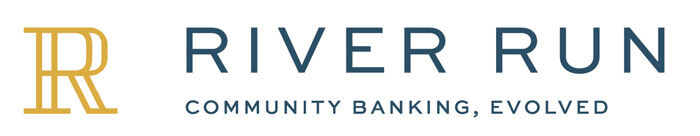 Logo for River Run with a stylized gold double "R" monogram on the left and the text "River Run" in blue, followed by the tagline "Community Banking, Evolved" in smaller blue letters underneath.