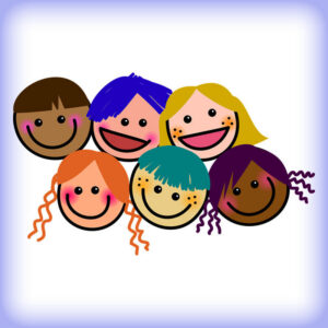 Six smiling cartoon faces with different hair colors and styles are grouped together on a white background with a soft blue border.