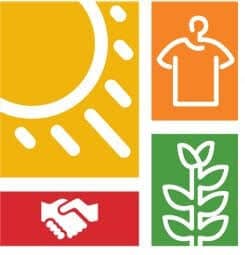 Four colored squares show a sun, a t-shirt, a handshake, and a plant. Each symbol is in its own square with a yellow, orange, red, or green background.